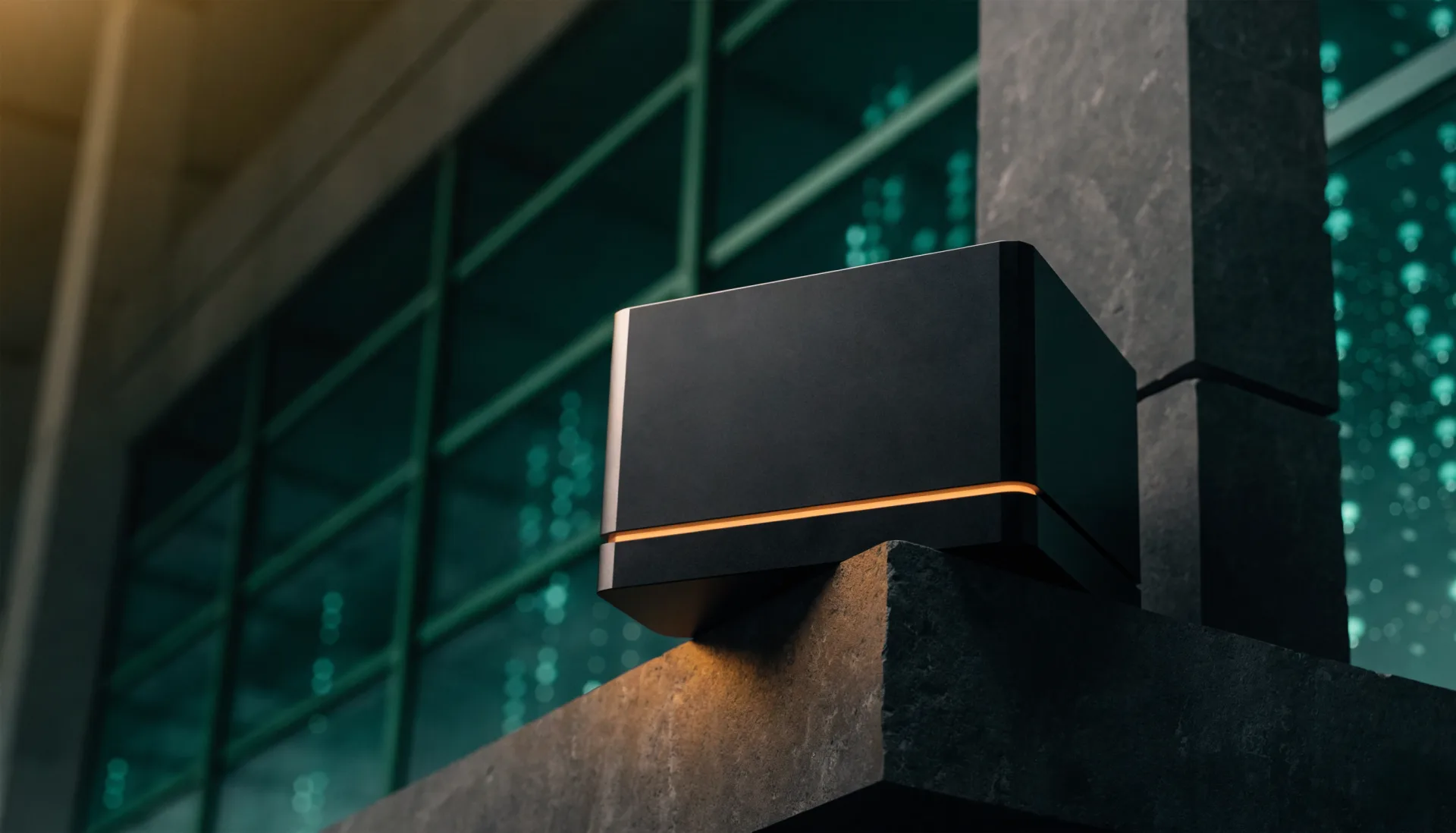 Dark architectural render of the matte-black ANVE private AI appliance with its amber status light