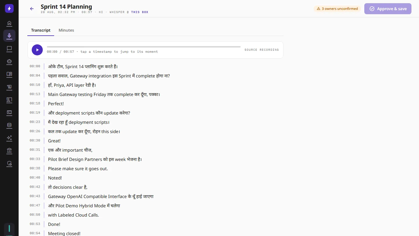 ANVE screenshot, Meetings: Hindi, English or both, transcribed on the box.