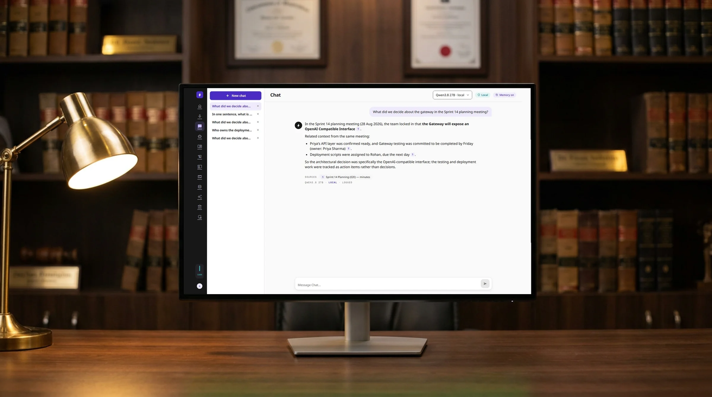Chat: a real screenshot of today’s build on a screen, in a generated office setting