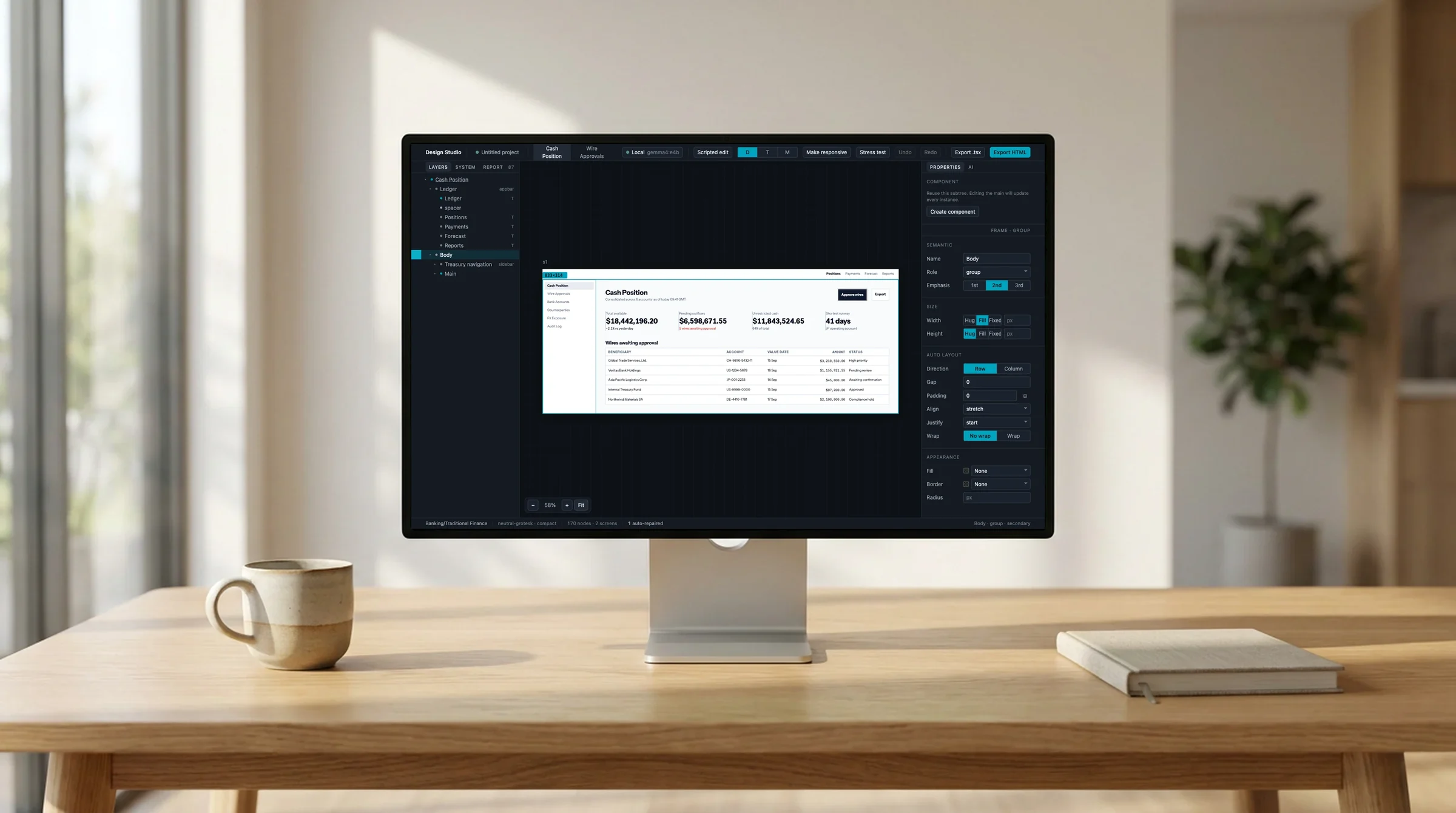 Design Studio: a real screenshot of today’s build on a screen, in a generated office setting